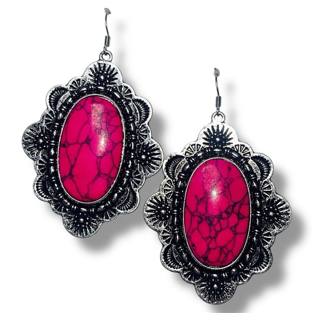 Western Concho Drop Silver Toned Earrings with Hot Pink Stones NEW